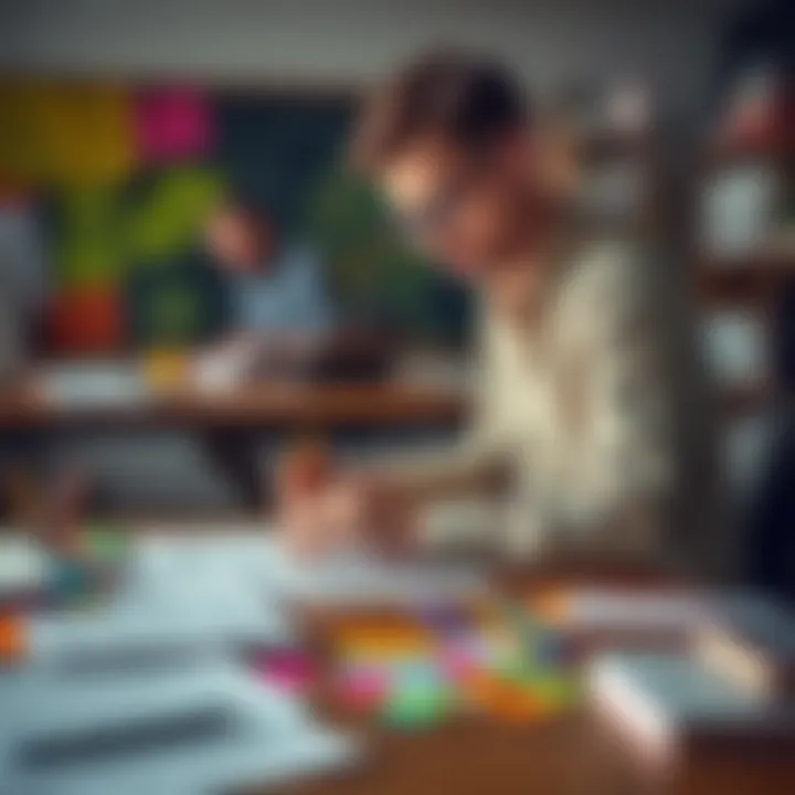 Teacher planning class A teacher organizes lesson plans with music notes and colorful materials on a desk
