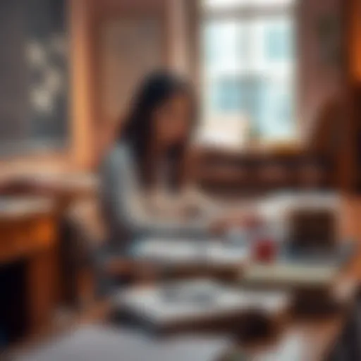 A teacher sitting at a desk with books and a laptop, preparing lesson plans after a long break.