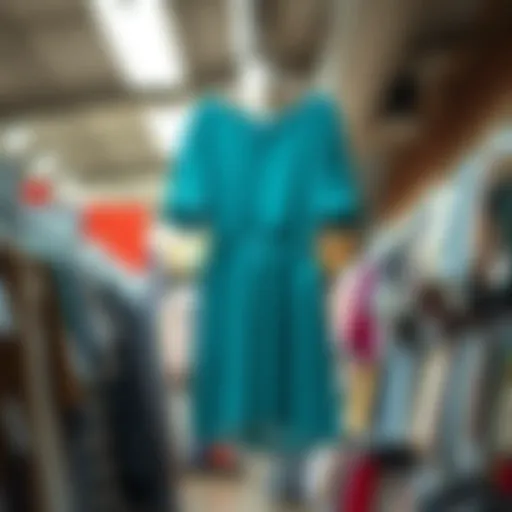 A beautiful teal dress displayed on a hanger in a thrift store, symbolizing a connection to a lost loved one.
