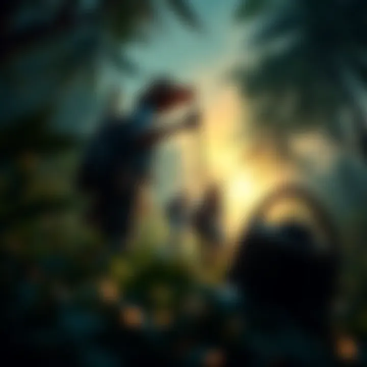 A group of explorers searching through a dense swamp for hidden treasures.