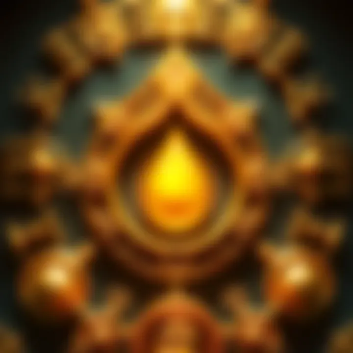 A close-up of a teardrop-shaped symbol surrounded by symbols from various eastern religions like Buddhism and Hinduism.