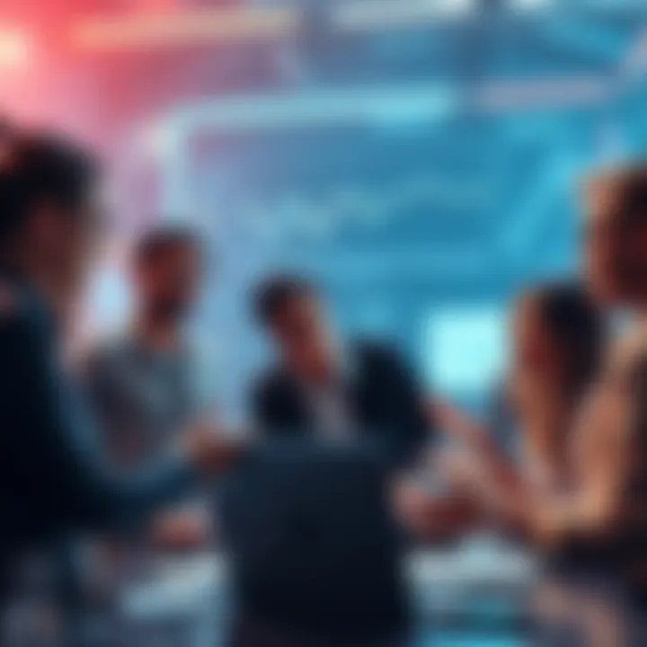 A group of people engaged in a discussion about technology compatibility, with devices and charts around them.