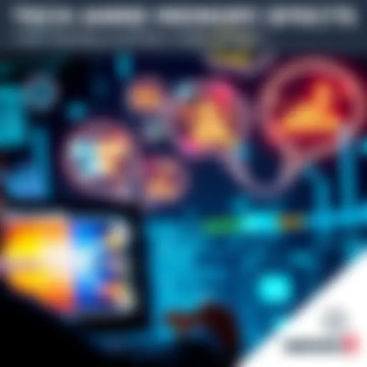 A person looking at a computer screen with memories flashing in thought bubbles, symbolizing the impact of technology on memory perception.