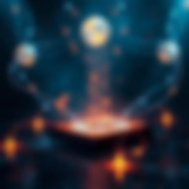 Connecting dimensions: Technology and spirituality A digital device glowing in a dark atmosphere with ethereal light patterns representing spiritual communication