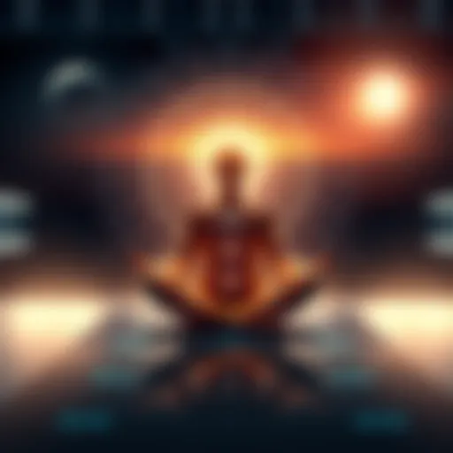 A person sitting cross-legged, meditating with digital symbols floating around them, blending spiritual and technological elements.