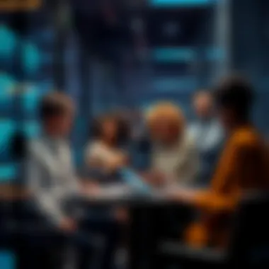 Technology Gatekeepers A group of diverse people discussing technology in a secure room, illustrating the role of gatekeepers in technology decisions.