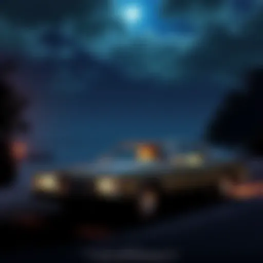 Ted Kennedy's car near the water at Chappaquiddick Island, with a night sky above and trees surrounding the area.