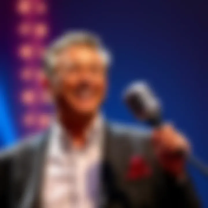 Ted Williams, known for his captivating voice, stands smiling with a microphone in front of him, suggesting a lively presence.