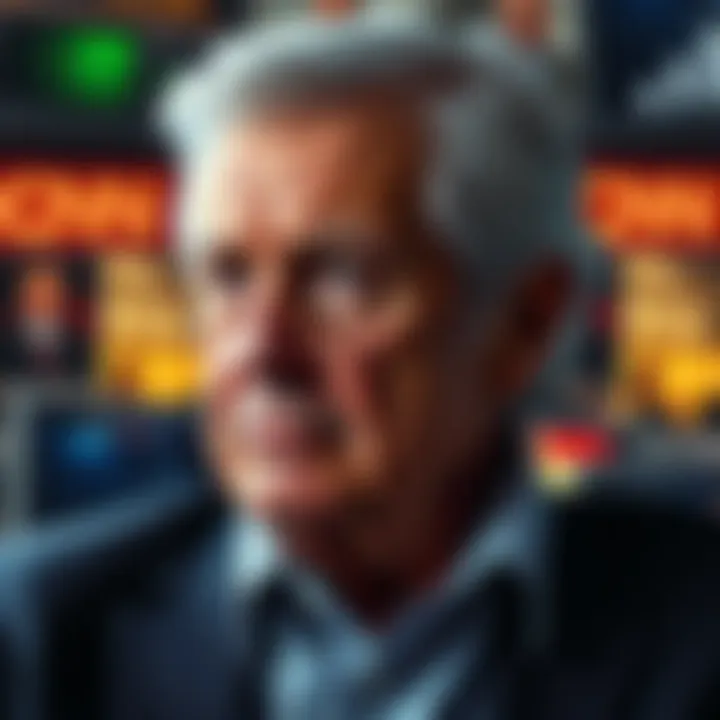 A portrait of Ted Turner, the founder of CNN, looking thoughtful, with a backdrop of news media elements.