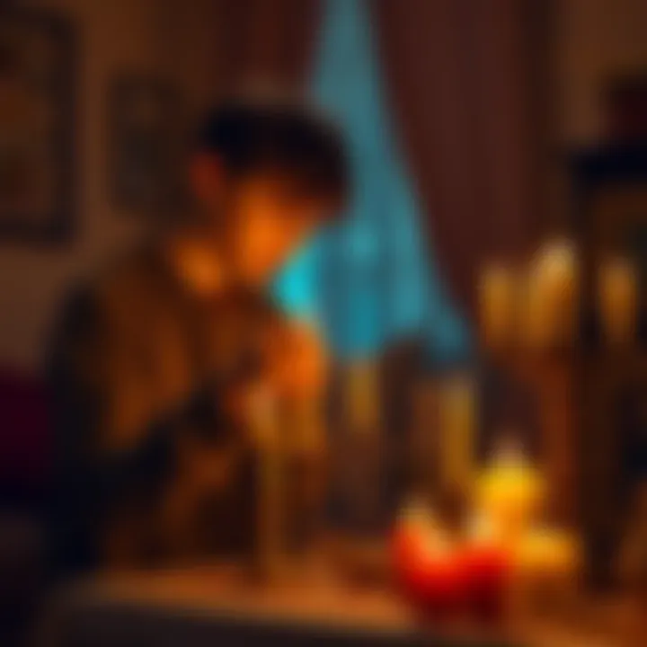 A 15-year-old arranging candles and symbols on a small altar dedicated to Lord Hypnos in a cozy room, showing a mix of personal beliefs and family values.