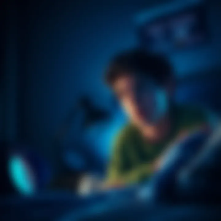 A teenager looking puzzled at a digital alarm clock that unexpectedly went off at 3 AM in a dimly lit bedroom