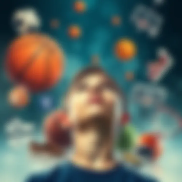 A 16-year-old boy looking up with a thoughtful expression, envisioning himself taller, surrounded by images of basketball and sports gear, symbolizing his dream to grow to 6'4".