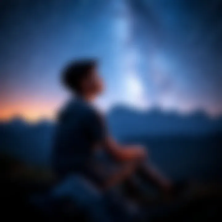 A teenager sitting alone, looking thoughtful while gazing at a starry sky, contemplating mortality and the concept of the afterlife, with a subtle image of Loki in the background.