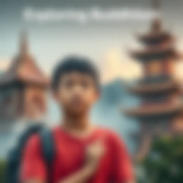 A 15-year-old contemplating Buddhism in a serene environment, showing a thoughtful expression with a backdrop of a Buddhist temple.