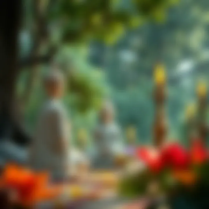 A British teenager sitting in meditation with a serene expression, surrounded by Buddhist symbols and nature, reflecting on their journey toward Buddhism.