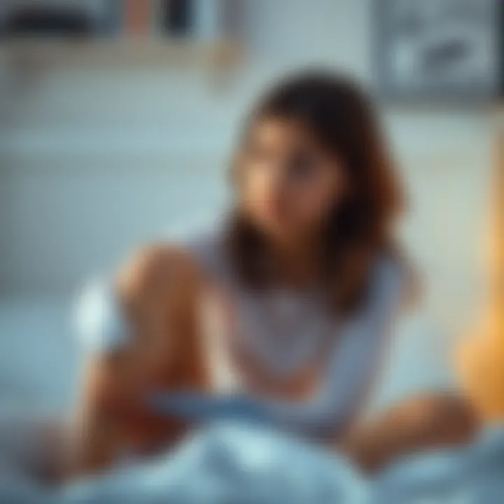 A 15-year-old girl sitting on her bed, looking thoughtful as she considers her height and goals, with a measuring tape beside her.