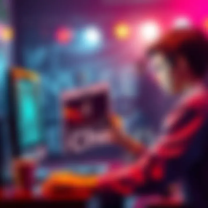 A frustrated teenager holding a concert flyer while looking at a computer, searching for advice on forums about Che's music.