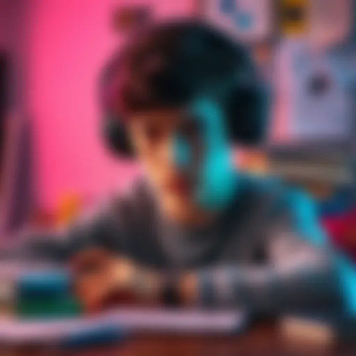 A 17-year-old boy wearing headphones looks contemplative while listening to binaural beats, surrounded by books and notes about audio experiments.