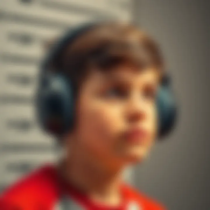 Teen Listening to Subliminals An 18-year-old boy wearing headphones, focused on listening to subliminal messages, with a height chart in the background.