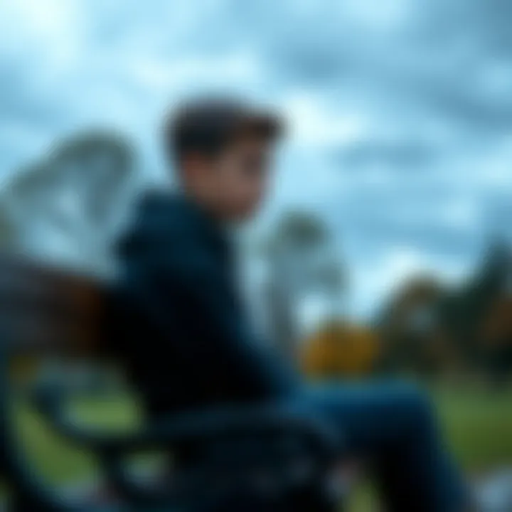 A 16-year-old sitting alone on a park bench, looking pensive and lost in thought, with a backdrop of trees and a cloudy sky.