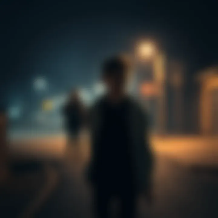 A teenage boy walking alone at night, looking startled as he encounters a shadowy figure of an old man holding a plastic spoon.