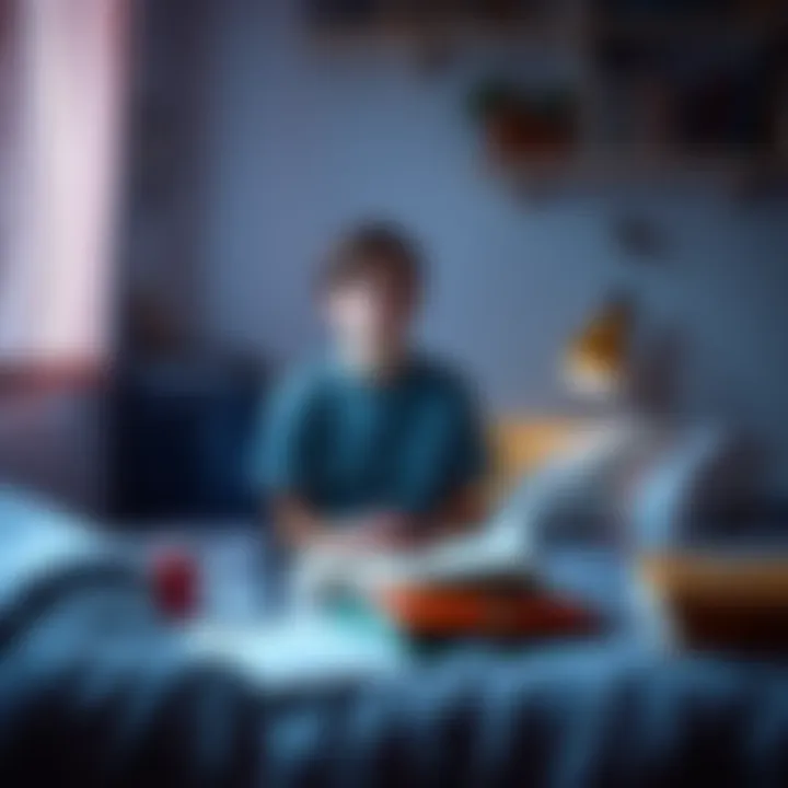 A teenager sits on her bed with a worried expression, surrounded by books and study materials, hinting at her struggle with paranoia.