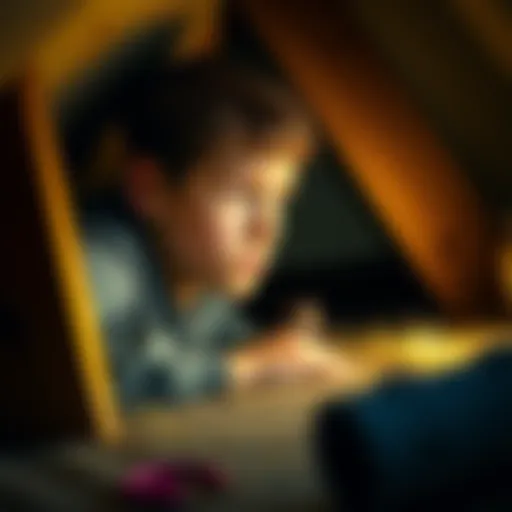 A worried teenager looking into an attic with a small mole peeking out from a dark corner.
