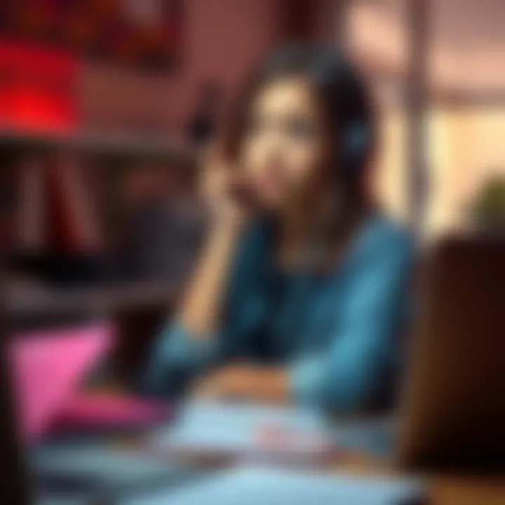 A 17-year-old girl reflects thoughtfully while sitting at a desk surrounded by notebooks and headphones, illustrating her struggle with subliminal messaging.