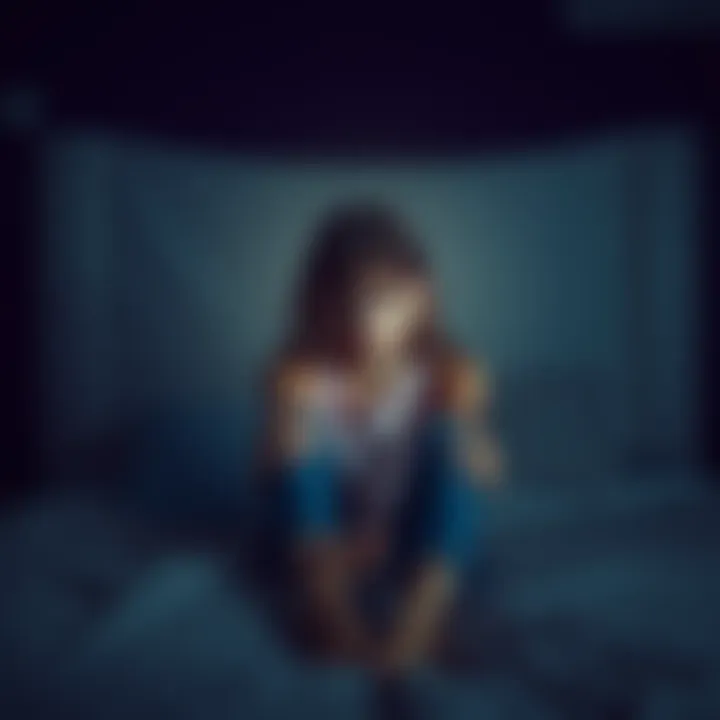 A 15-year-old girl sitting on her bed, looking scared and overwhelmed, with a dark room around her.