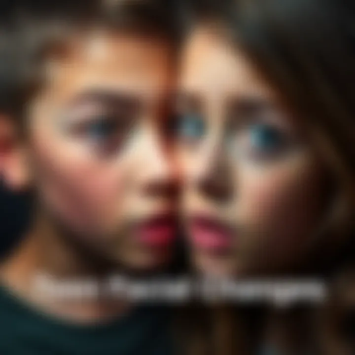 A teenage boy and girl showing facial changes during puberty, with expressions reflecting surprise and curiosity.