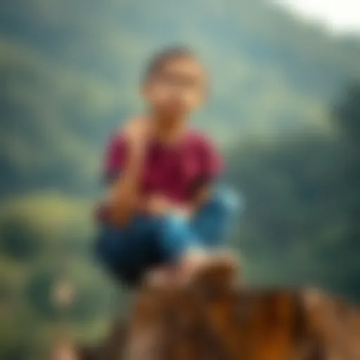 A 17-year-old girl sitting on a tree stump, looking thoughtful while holding a Buddhist prayer bead in her hand, with a serene nature background.