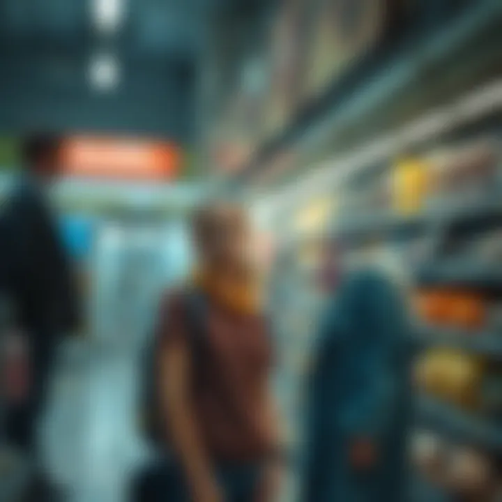 A sixteen-year-old girl standing at a grocery store checkout looking uneasy while an adult man watches her from a distance.