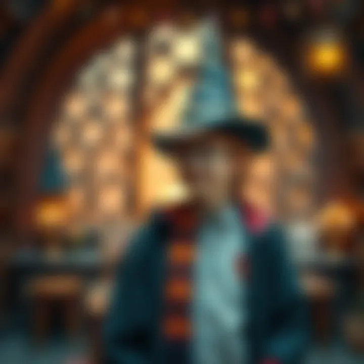 A teenager wearing Hogwarts robes and the Sorting Hat looks excited, standing in a magical setting with a whimsical background.
