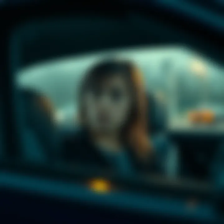 A teenage girl sitting in a car with a worried expression, recalling a tense moment with a hitchhiker who turned out to be a dangerous man.