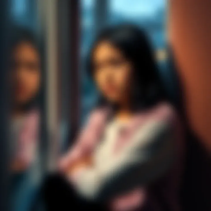 A 19-year-old girl sitting alone with a worried expression, looking out a window, deep in thought about her future.