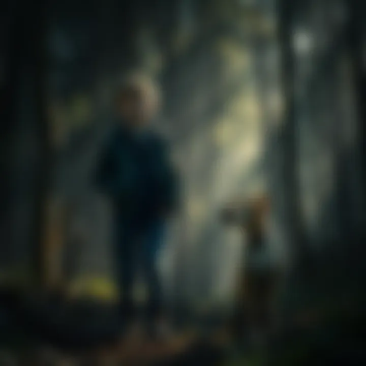 A scared 13-year-old boy stands in dark woods, looking worried as he hears a voice resembling his sister's. His dog Lucy stands beside him, alert and defensive. Shadows of trees loom in the background...