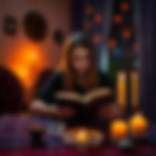 A teenager sitting at a table, carefully following a book on magick, with candles and crystals around her.