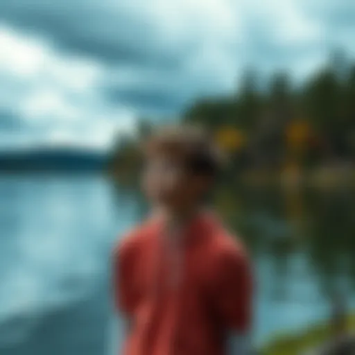 A teenager standing by the water of Lake Voice, looking surprised as they hear a voice calling their name, with trees in the background.