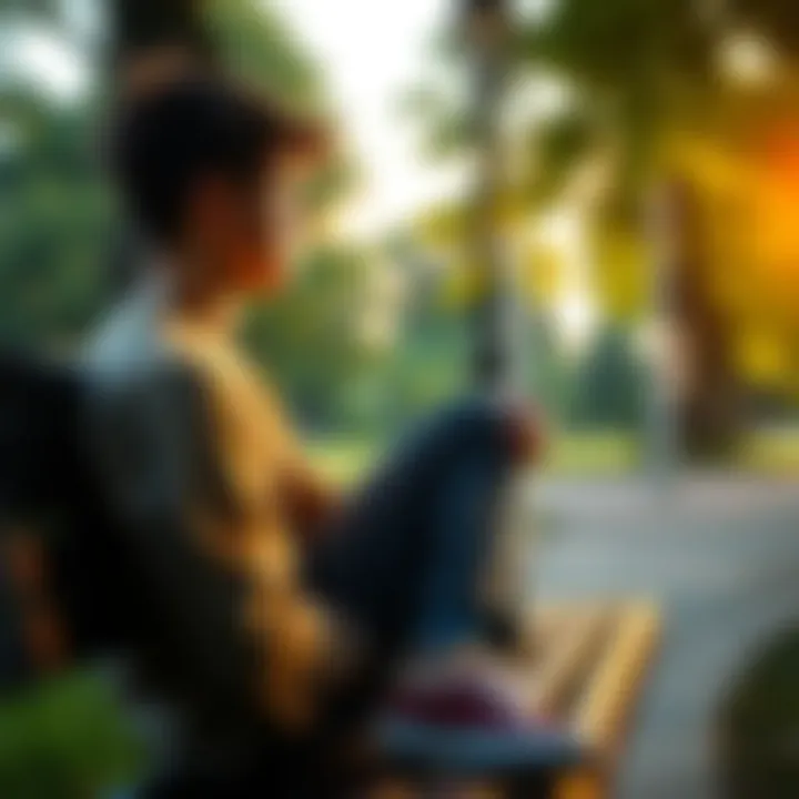 A 16-year-old sitting on a park bench, deep in thought, looking contemplative about their Christianity.