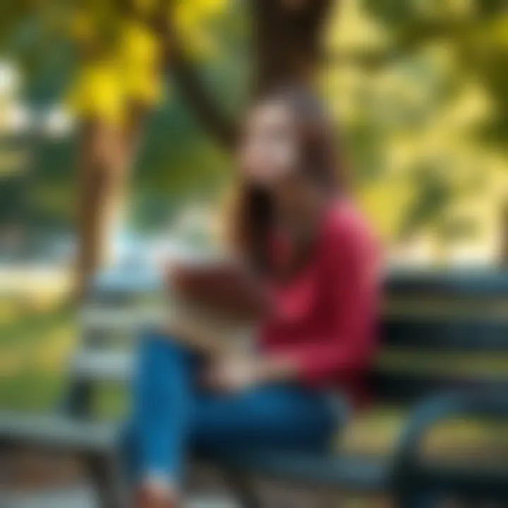 A 17-year-old girl sitting on a bench, looking contemplative with a notebook in her lap, surrounded by trees and sunlight, symbolizing her search for purpose.