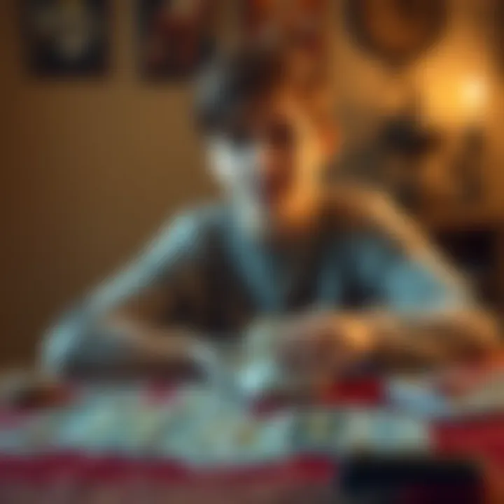 A teenager sitting at a table with tarot cards spread out, looking curious and excited about reading them