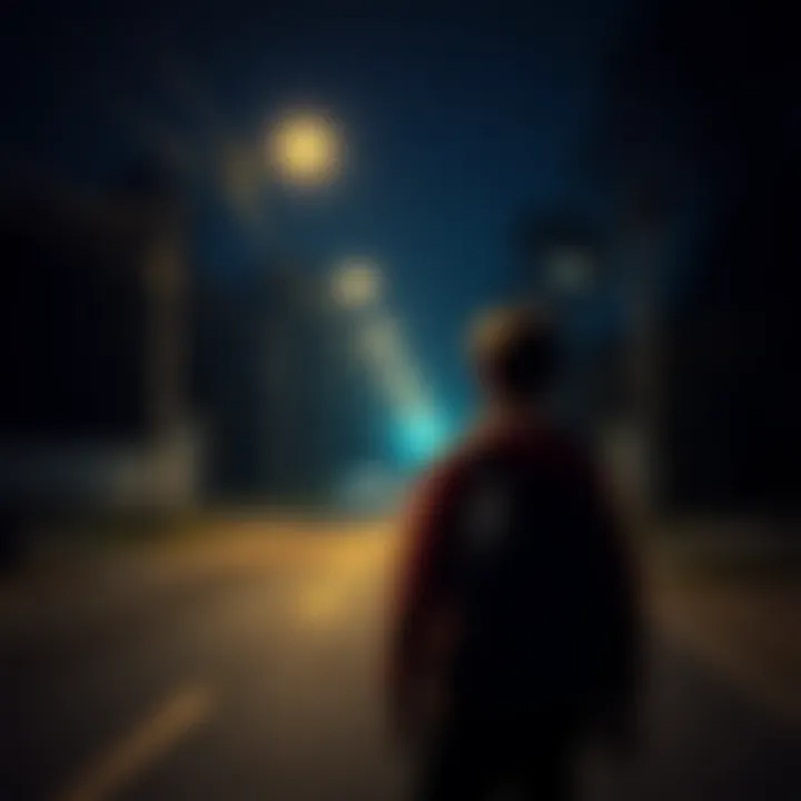 A teenager walking down a dark street with flickering streetlights and shadows around