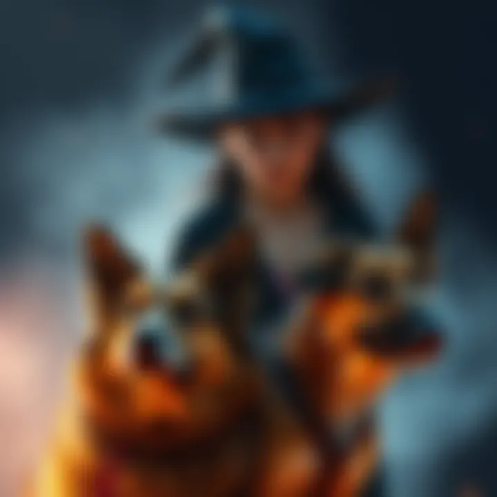 Teen Witch with Dog A teenage witch stands with her father's aggressive dog, showing concern and mystery.