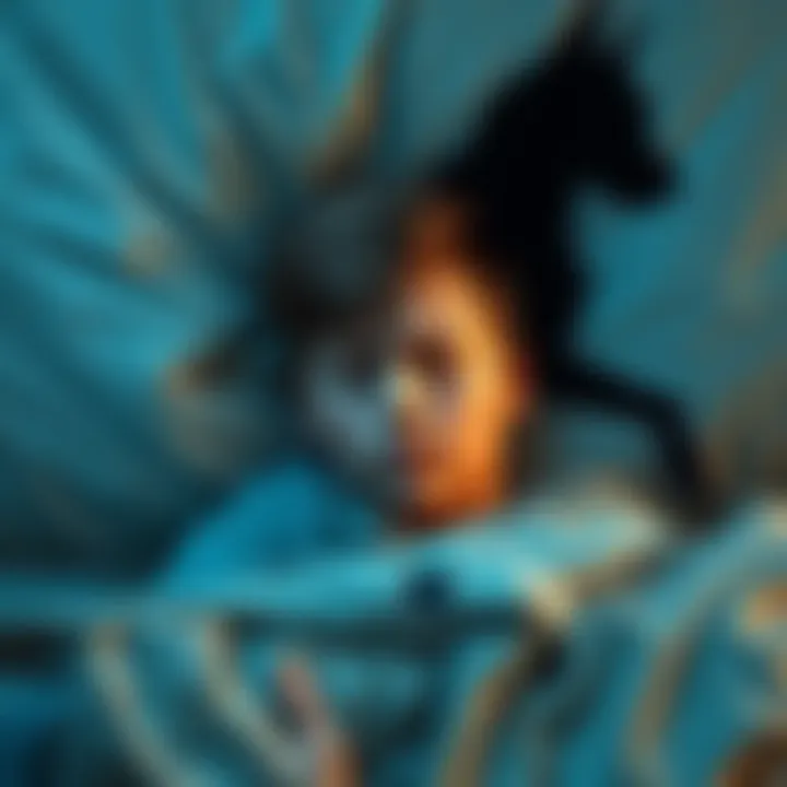 A teenage boy looks worried as he dreams about harming his dog. The scene shows a split image, with the boy sleeping peacefully on one side and a shadowy image of him hurting his dog on the other side, reflecting his inner turmoil.