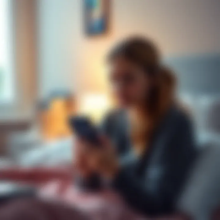 A 17-year-old girl thoughtfully looking at her phone while sitting on her bed, looking for advice on personal issues.