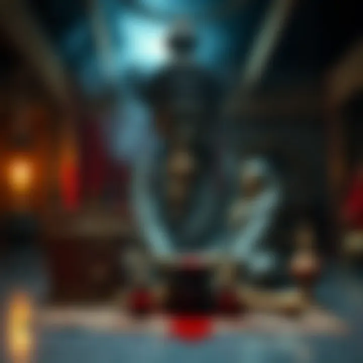 A representation of a ritual using teenage blood in a traditional setting, showcasing cultural symbols and artifacts associated with tantra sadhana practices.