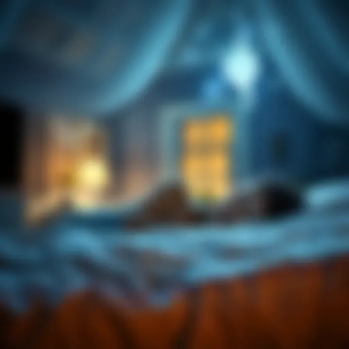 A teenager lying on a bed in a cozy bungalow, looking peaceful while a soft glow illuminates the room, hinting at a ghostly presence singing a lullaby in the background.