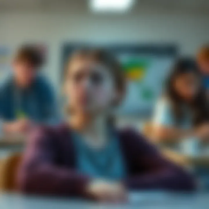 A teenage girl looks anxious while sitting at her desk with a worried expression, with a classmate in the background watching her closely.