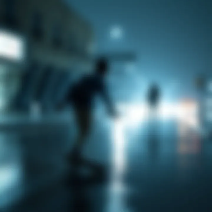 A teenager riding a longboard on a rainy street, with a shadowy figure appearing in the distance, creating a sense of unease.