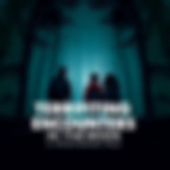 A group of teenagers stands in a dark, dense forest, looking scared as they spot eerie figures in the distance.